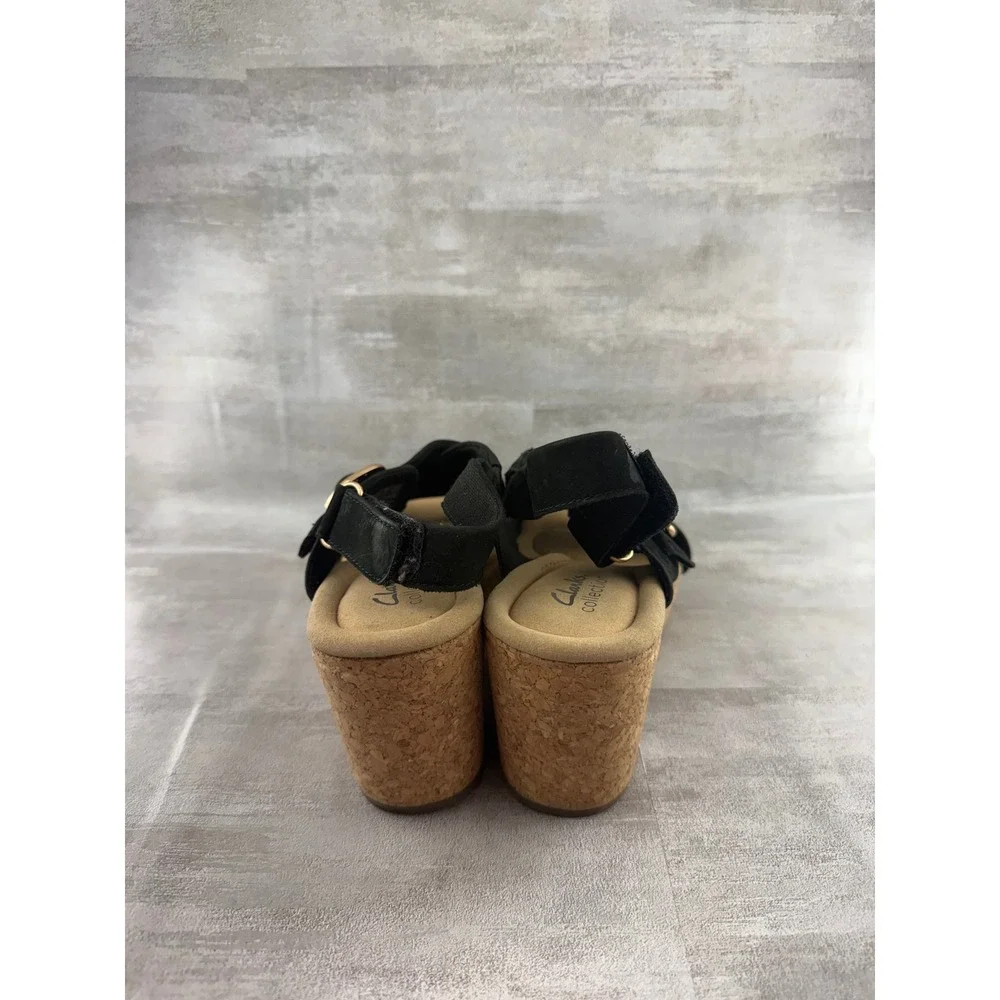 Clarks Collection Black Cork Wedge Sandals Ultimate Comfort Women Size 9.5M